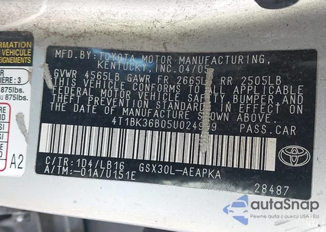 2005 Toyota Avalon Limited z USA, uszkodzony, nr VIN 4T1BK36B05U024999